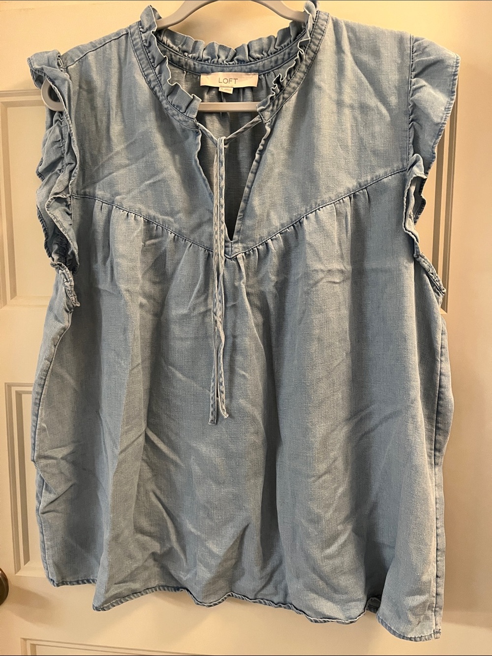 LOFT Chambray Ruffle Tie-Neck Sleeveless Blouse - Light Blue